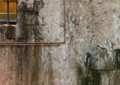 Detalle de muro con humedades y verdín bajo una ventana