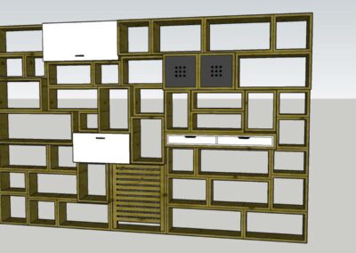 Diseño en 3D de la librería a medida, con módulos de distintos tamaños